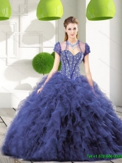 Best Navy Blue Quinceanera Gown with Beading and Ruffles for 2015