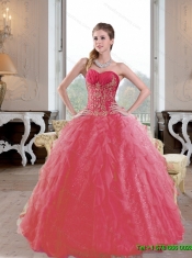 Brand New Ruffles and Appliques 2015 Quinceanera Gown in Coral Red