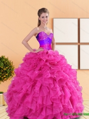Luxurious 2015 Beading and Ruffles Sweetheart Quinceanera Dresses in Hot Pink