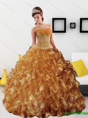 New Styles Appliques and Ruffles 2015 Quinceanera Dress in Gold