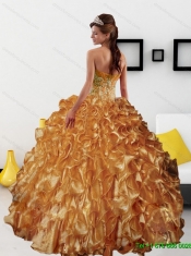 New Styles Appliques and Ruffles 2015 Quinceanera Dress in Gold