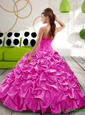 New Styles Sweetheart 2015 Hot Pink Quinceanera Gown with Appliques and Pick Ups