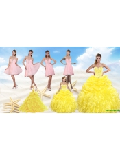 Yellow Sweetheart Beading Quinceanera Dress and Light Pink Short Prom Dresses and Ruffles and Beading Little Girl Dress