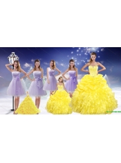 Yellow Sweetheart Beading Ruffles Quinceanera Dress and Lavender Short Dama Dresses and  Beading Ruffles Little Girl Dress