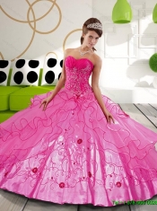 2015 Custom Made Hot Pink Ball Gown Sweet 15 Dresses with Appliques