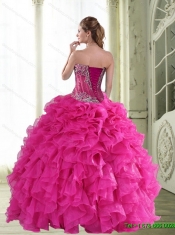 2015 Elegant Beading and Ruffles Sweetheart Quinceanera Dresses in Hot Pink