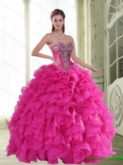 2015 Elegant Beading and Ruffles Sweetheart Quinceanera Dresses in Hot Pink