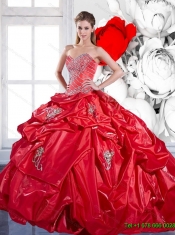 Elegant Pick Ups and Appliques 2015 Red Quinceanera Dresses with Brush Train