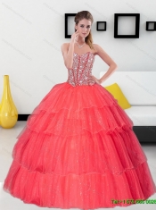 Wholesale Beading and Ruffled Layers Sweetheart Coral Red Quinceanera Dresses for 2015