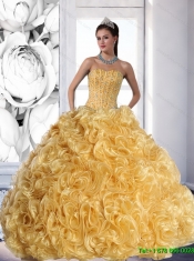 Wholesale Strapless Gold 2015 Quinceanera Dress with Beading and Rolling Flowers