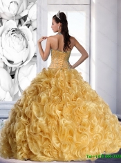 Wholesale Strapless Gold 2015 Quinceanera Dress with Beading and Rolling Flowers