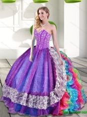 2015 Fashionable Beading and Ruffles Sweetheart Quinceanera Dresses in Multi Color