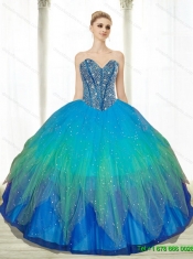 2015 Low Price Beading Sweetheart Tulle Turquoise Quinceanera Dresses