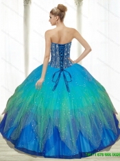 2015 Low Price Beading Sweetheart Tulle Turquoise Quinceanera Dresses