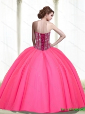 2015 Modest Beading Sweetheart Tulle Hot Pink Quinceanera Dresses