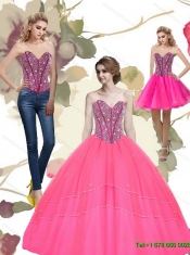 2015 Modest Beading Sweetheart Tulle Hot Pink Quinceanera Dresses