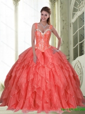 2015 Classical Beading and Ruffles Coral Red Sweet Sixteen Dresses with Sweetheart