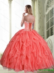 2015 Classical  Beading and Ruffles Coral Red Sweet Sixteen Dresses with Sweetheart