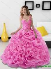 2015 Gorgeous Beading and Rolling Flowers Rose Pink Sweet 15 Dresses