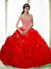 2015 New Style Beading and Ruffles Sweetheart Red Sweet 16 Dresses