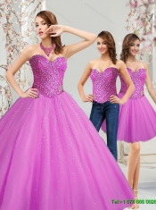 Best 2015 Tulle Sweetheart Beading Quinceanera Dresses in Fuchsia