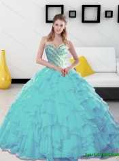 Classical 2015 Beading and Ruffles Sweetheart Aqua Blue Quinceanera Dresses