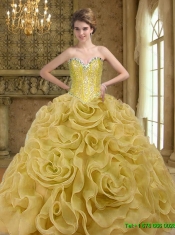 Classical Sweetheart Beading and Rolling Flowers Gold 2015 Quinceanera Gown