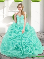 Custom Made Beading and Rolling Flowers 2015 Sweet 15 Dresses in Aqua Blue