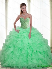 Custom Made Beading and Ruffles Apple Green 2015 Quinceanera Dresses with Sweetheart