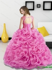 Elegant Beading and Rolling Flowers Coral Red Sweet 15 Dresses for 2015