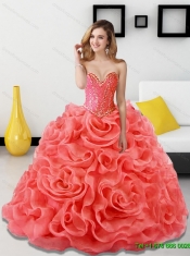 Elegant Beading and Rolling Flowers Coral Red Sweet 15 Dresses for 2015