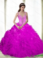 Elegant Beading and Ruffles Sweetheart Fuchsia 2015 Sweet 16 Dresses