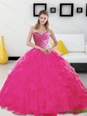 Elegant Beading and Ruffles Sweetheart Hot Pink 2015 Quinceanera Dresses