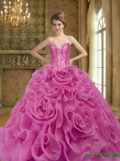 Exclusive Fuchsia 2015 Quinceanera Gown with Beading and Rolling Flowers