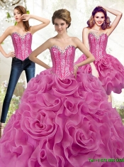 Exclusive Fuchsia 2015 Quinceanera Gown with Beading and Rolling Flowers
