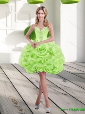 Modest Spring Green 2015 Sweet 15 Dresses with Beading and Rolling Flowers