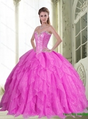 New Style Beading and Ruffles 2015 Fuchsia Sweet Sixteen Dresses