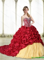 New Style Embroidery Sweet 15 Dresses in Wine Red and Yellow