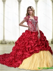 New Style Embroidery Sweet 15 Dresses in Wine Red and Yellow