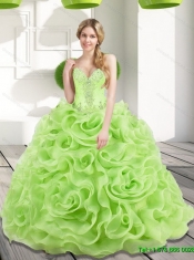 Remarkable Beading and Rolling Flowers Spring Green 2015 Sweet 15 Dresses