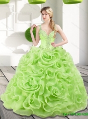 Remarkable Beading and Rolling Flowers Spring Green 2015 Sweet 15 Dresses