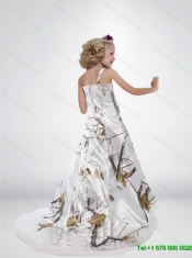 2015 Popular A Line Straps Camo Flower Girl Dresses with Brush Train Beading