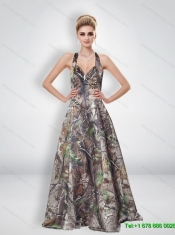 Elegant A Line Halter Top Multi Color Camo Prom Dresses with Brush Train
