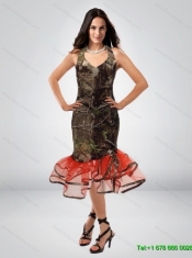 Fitted Column V Neck Tea Length Camo Prom Dress with Ruching
