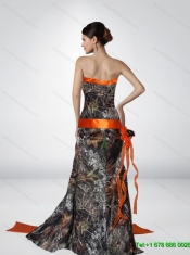Luxurious Column Strapless Camo Prom Dresses with Hand Made Flower