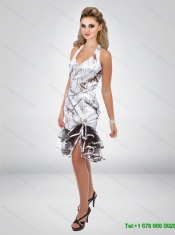 Simple Column Halter Top Tea Length Camo Prom Dress with Ruffled Layers