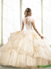 2015 Feminine Appliques and Beaded Quinceanera Dresses in Champagne