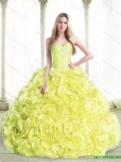 Cheap Beaded 2015 Quinceanera Dresses with Rolling Flowers in Yellow