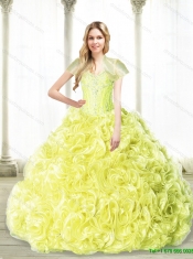 Cheap Beaded 2015 Quinceanera Dresses with Rolling Flowers in Yellow
