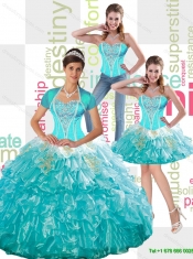 Gorgeous Beaded Aqua Blue 2015 Quinceanera Dress with Ruffled Layers and Appliques